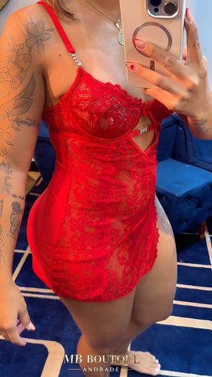 Camisola Sensual Preta, Vermelho com Fenda, Renda Floral e Aro – Lingerie com Transparência para Noite Romântica