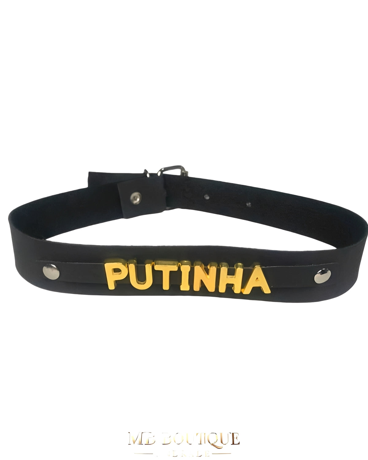 Gargantilha de Couro Preto com Palavras em Metal Dourado – Sexy, Safada, Putinha, Submissa e Sou Sua
