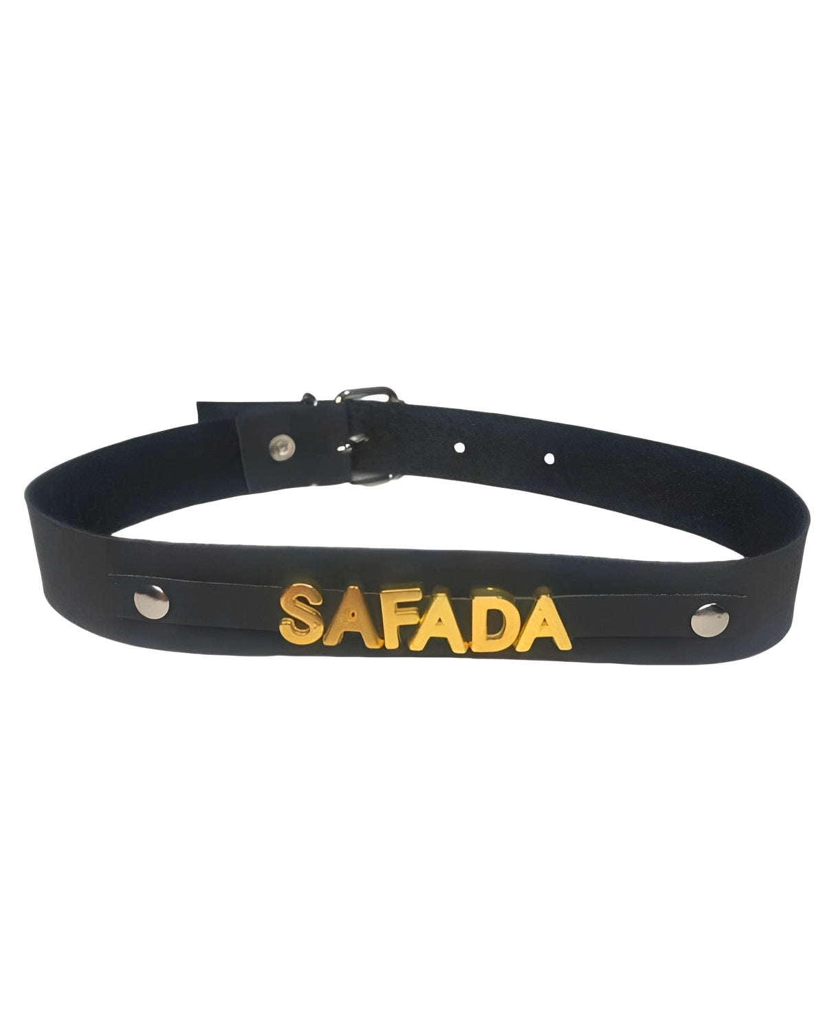 Gargantilha de Couro Preto com Palavras em Metal Dourado – Sexy, Safada, Putinha, Submissa e Sou Sua