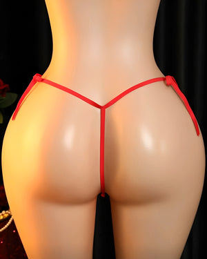 Calcinha Fio Dental Vermelha, Preto com Renda Floral, Abertura Inferior e Amarração Lateral – Lingerie Sensual Feminina P ao GG