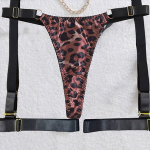 Conjunto Lingerie Onça Sexy com Aro, Corrente Dourada e Coleira – Fio Dental Sensual P ao G