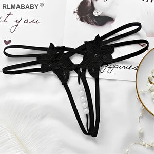 Calcinha Fio Dental Preta com Abertura Inferior e Pérolas - Lingerie Sensual em Renda Floral com Tiras Duplas (PP ao GG)