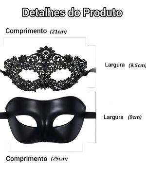Kit 2 Máscaras Venezianas Pretas para Casal – Baile de Máscaras, Fantasia Elegante e Sedutora