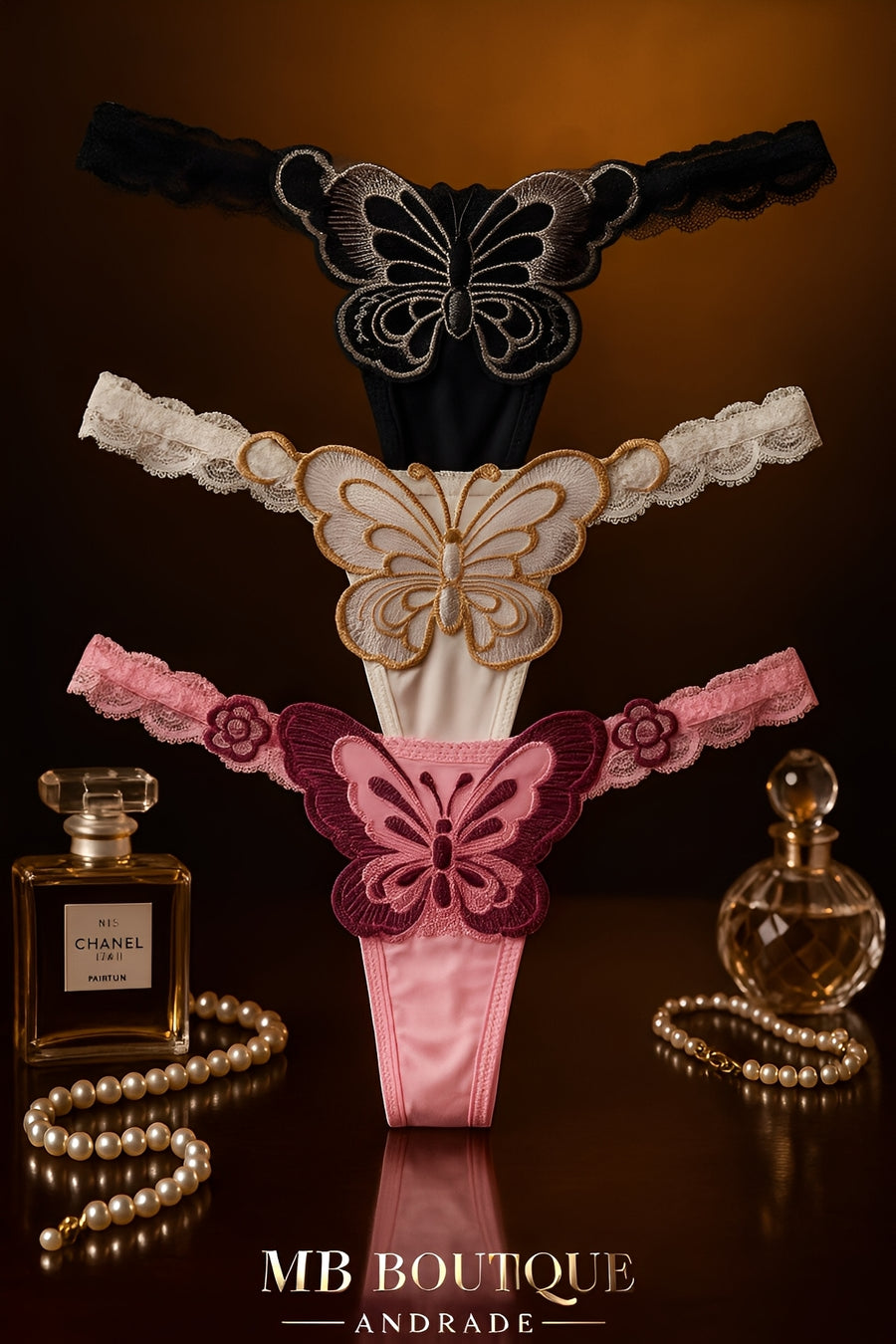 Kit 3 Calcinhas Fio Dental Borboleta em Renda Sexy - Lingerie Feminina Luxo para Noite Especial e Presente Sensual
