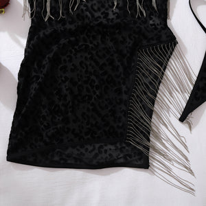 Vestido de Lingerie Preto Animal Print com Franjas em Corrente – Sensual, Sexy e Exclusivo para Noite Especial