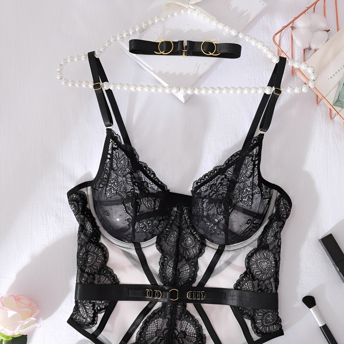 Conjunto Corselet Preto em Renda com Cinta-Liga e Choker – Lingerie Sexy, Sensual e Ousada para Mulheres Poderosas, do P ao G