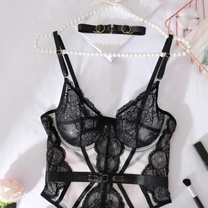 Conjunto Corselet Preto em Renda com Cinta-Liga e Choker – Lingerie Sexy, Sensual e Ousada para Mulheres Poderosas, do P ao G