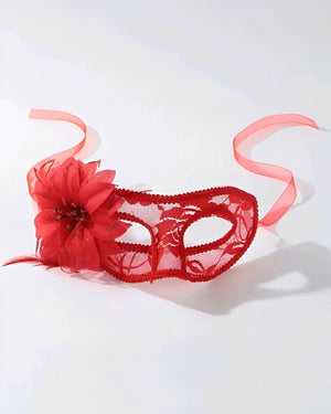 Máscara Veneziana de Renda com Flor Lateral e Laço em Cetim – Preto ou Vermelho | Fantasia Sensual e Elegante para Bailes e Sedução
