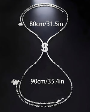 Colar Corporal Feminino em Strass com Símbolo de Dólar – Acessório Sensual de Luxo para Festa e Balada