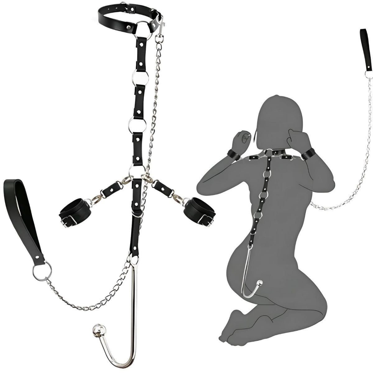 Kit Bondage Preto com Gancho Plug, Coleira e Correntes - Prazer Extremo para Jogos de Dominação