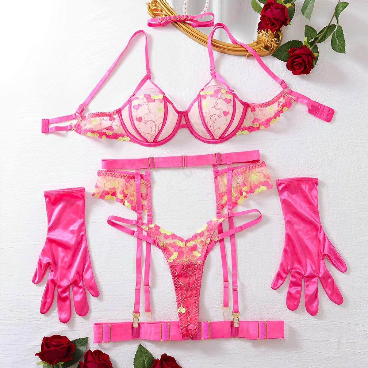 Lingerie completa com ligas de perna e gargantilha