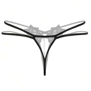 Calcinha Fio Dental Preta com Abertura Inferior e Pérolas - Lingerie Sensual em Renda Floral com Tiras Duplas (PP ao GG)