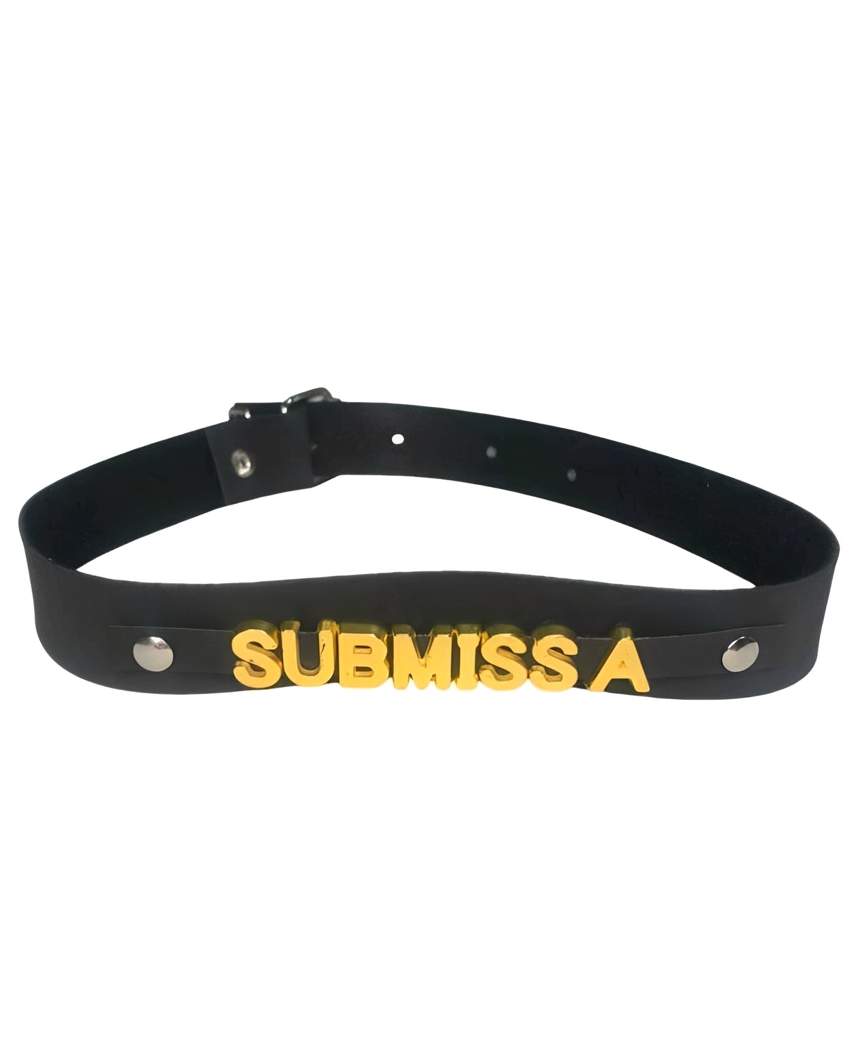 Gargantilha de Couro Preto com Palavras em Metal Dourado – Sexy, Safada, Putinha, Submissa e Sou Sua