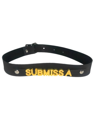 Gargantilha de Couro Preto com Palavras em Metal Dourado – Sexy, Safada, Putinha, Submissa e Sou Sua