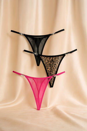 Kit com 3 Calcinhas Fio Dental em Tule e Animal Print com Detalhe Borboleta - Lingerie Sensual e Exclusiva - P ao GG