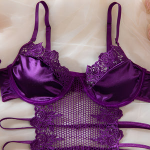 Conjunto Lingerie Sexy Roxo com Cinta-Liga, Meias e Luvas – Lingerie Sensual Feminina de Luxo