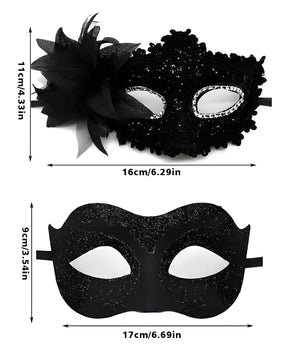 Máscaras de Baile Preto Casal – Kit Máscara Veneziana Masculina e Feminina com Detalhes de Renda, Flor e Glitter – Fantasia de Luxo para Festa e Carnaval