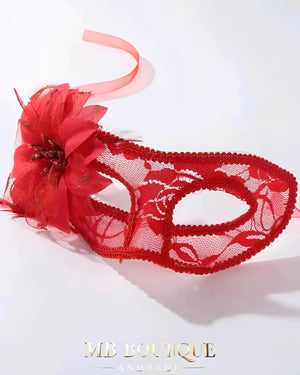 Máscara Veneziana de Renda com Flor Lateral e Laço em Cetim – Preto ou Vermelho | Fantasia Sensual e Elegante para Bailes e Sedução