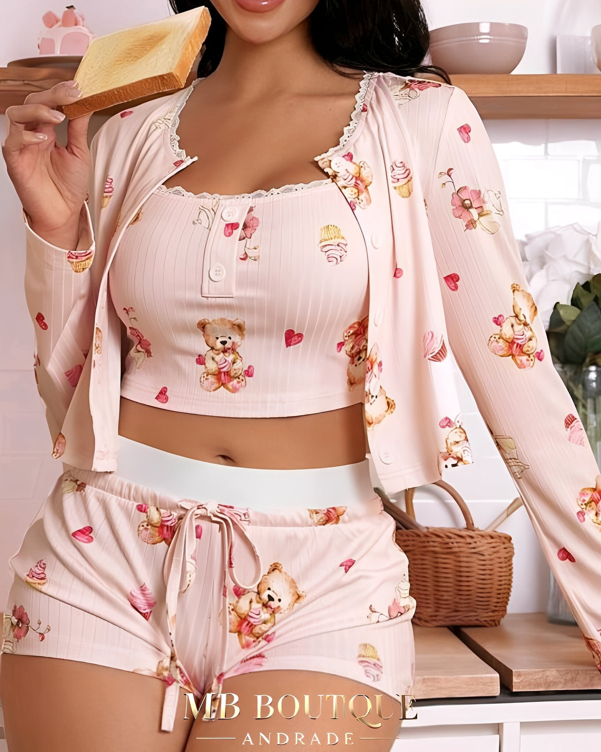 BabyDoll Rosa com Ursinhos e Cupcakes – Conjunto com Blusa de Frio P ao GG