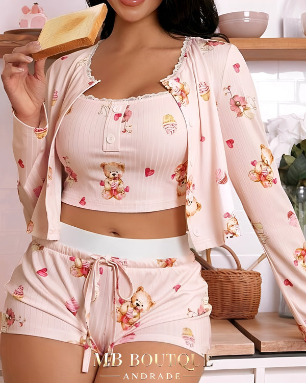 BabyDoll Rosa com Ursinhos e Cupcakes – Conjunto com Blusa de Frio P ao GG