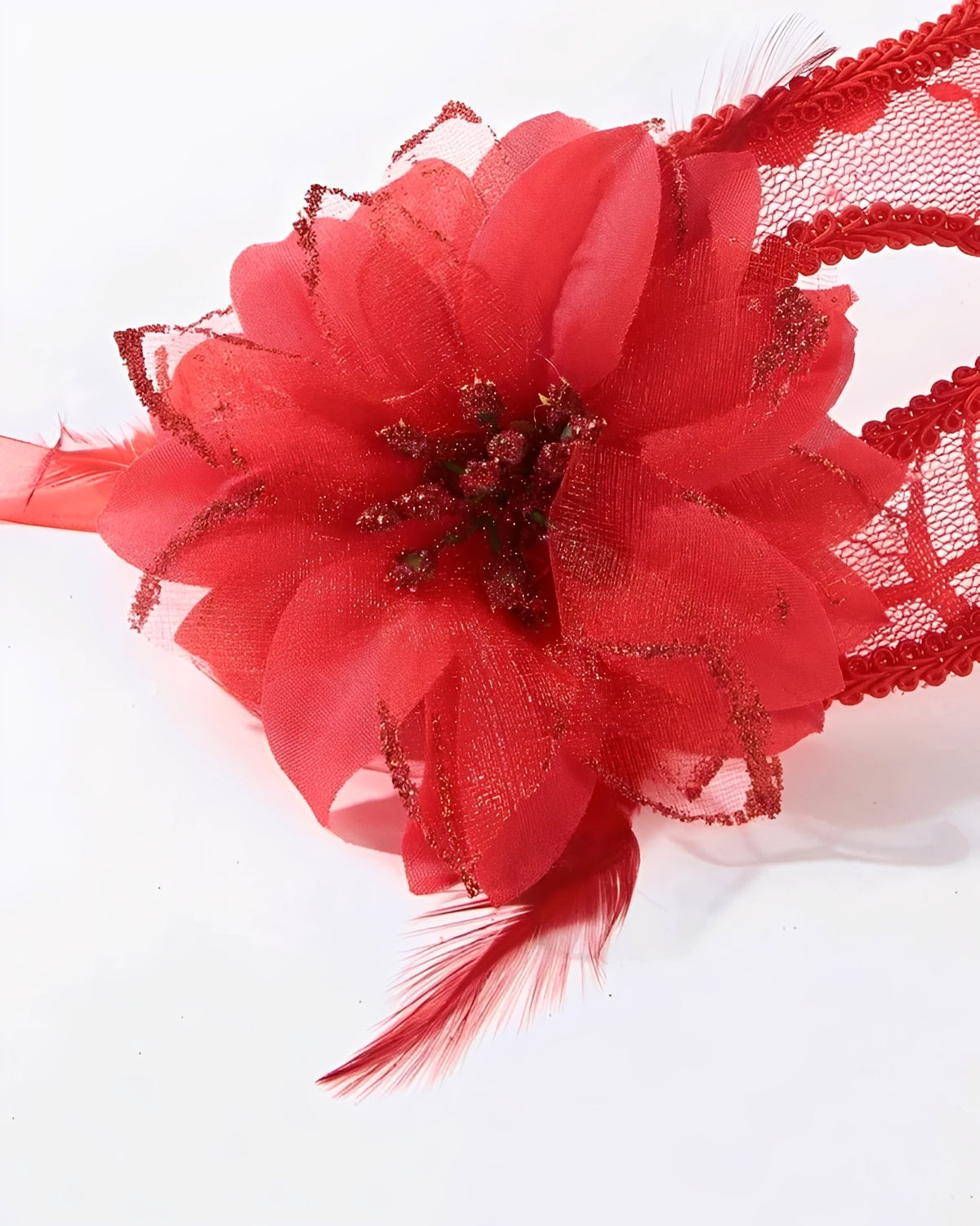 Máscara Veneziana de Renda com Flor Lateral e Laço em Cetim – Preto ou Vermelho | Fantasia Sensual e Elegante para Bailes e Sedução